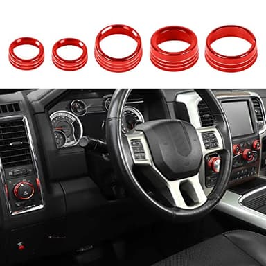 Hoolcar Air Conditioner Headlight Switch Knob Cover Aluminum Alloy Center Console Switch Knob Cover Compatible with 2013-2017 Dodge Ram, Interior Accessories, Red, 5PCs
