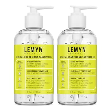 Lemyn Organics Medical‑Grade Hand Sanitizer Gel – 97 % Organic | 70 % USP Ethyl Alcohol | Moisturizing Aloe + Hyaluronic Acid | Freshly Made in USA | 8oz Bottle with Pump (PACK OF 2)