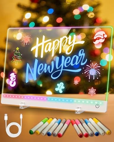 Rechargeable LED Drawing Board for Kids, 17-Inch Glow Doodle Drawing Pad with 7 Colors & 4 Light Modes, Neon Light Up Acrylic Dry Erase Note Board with Stand, Hanging Chain, 12 Markers, Birthday Gifts