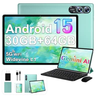 2026 Android 15 Tablet, 10 Inch Tablets with Gemini AI, 30GB+64GB+1TB Expand, 2-in-1 Octa-Core Electronics Tablets with Keyboard, Mouse, 5G WiFi, 6000mAh, GPS, Widevine L1, Split Screen -Turquoise