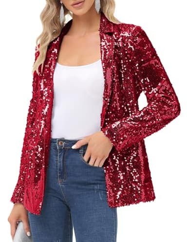 KANCY KOLE Women's Sequin Jackets Open Front Sparkle Blazer Casual Long Sleeve Glitter Cardigan with Pockets Bright Red L