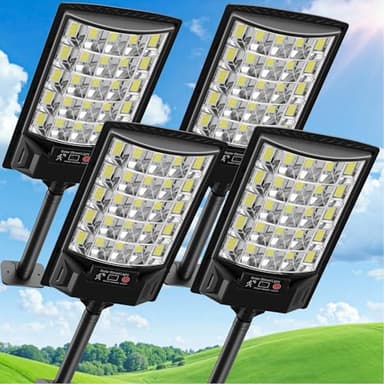 Aqraou Solar Street Lights Outdoor, 6500K Outside Waterproof LED Street Light Dusk to Dawn, Wide Angle Lamps with Motion Sensor & Remote Control, Solar Lights Outdoor for Garden Yard, 4 Pack