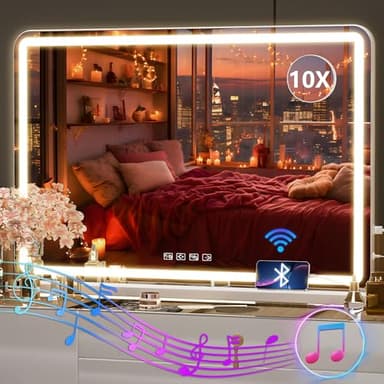 Hasipu Vanity Mirror with Lights and Bluetooth Speaker, 32" x 21.7" LED Makeup Mirror, Lighted Makeup Mirror with Dimmable 3 Modes, USB Charging Port, Round White