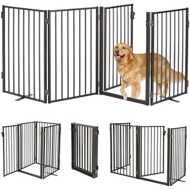 Paulmele Metal Freestanding Dog Gates with Door for Outdoor Indoor,80'' Extra Wide 32'' Tall Free Standing Dog Gate for Doorways,Large Openings,Deck,Yard,Foldable Safety Pet Fence(Black,4 Panels)