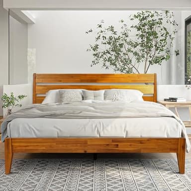 Acacia Emery Bed Frame with Headboard Solid Wood Platform Bed, King Size Bed Frame, Mid - Century Modern Wood Bed Compatible with All Mattresses, Easy Assembly, Non-Slip, Caramel.