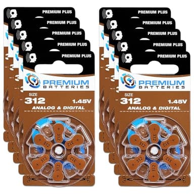Premium Batteries Size 312 PR41 1.45V Hearing Aid Batteries Brown Tab (60 Batteries)