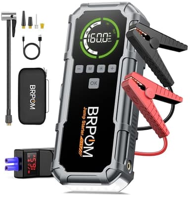 Jump Starter with Air Compressor, BRPOM 8000A Portable Car Jump Starter (All Petrol/12L Diesel), 160PSI 12V Battery Jump Starter Power Pack with Jump Clamps, LCD Screen, 600 Lumens Emergency Light