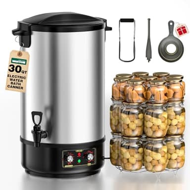 WantJoin Electric Canner - 1800W 30QT Stainless Steel Water Bath Canner, Adjustable Temp (86-212°F) & Timer (30-180min), Makes 11 Quart Jars, Includes Rack, Jar Lifter, Funnel for Home Canning
