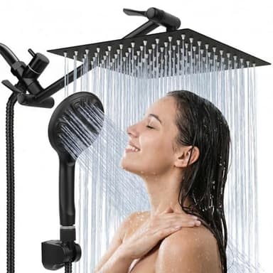 Tudoccy Shower Head, 8‘’ High Pressure Rainfall Shower Head/Handheld Shower Combo with 11'' Extension Arm, 9 Settings Anti-leak Shower Head with Holder, Height/Angle Adjustable, Matte Black