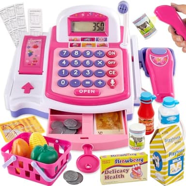 BUYGER Kids Cash Register Toy with Scanner, Receipt Printer, Microphone, Shopping Play Food - Pretend Role Play Birthday for Toddler Kids Boys Girls Ages 3 4-8+ Years Olds