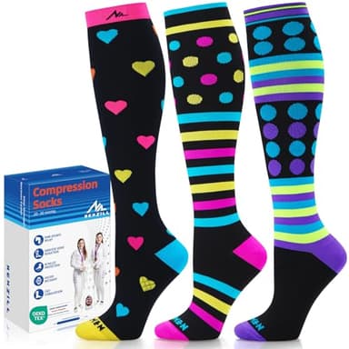 NEWZILL Medical Compression Socks for Women and Men Circulation 20-30 mmHg Best Compression Stockings for Running Athletic Travel Flight Nurses (Heart/Pink/Purple 3Pairs L/XL)