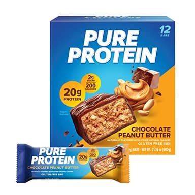 Pure Protein Chocolate Peanut Butter Protein Bars – 20g Protein, 3g Sugar, 190 Calories (12 count) Low Sugar* High Protein Snack - Gluten Free - Perfect for a Healthy Snack
