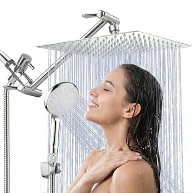 Shower Head, 8 Inch High Pressure Rainfall Shower Head/Handheld Shower Combo with 11 Inch Extension Arm, 9 Settings Adjustable Anti-leak Shower Head with Holder/Hose, Height/Angle Adjustable