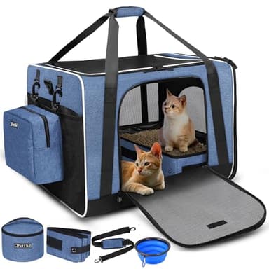 Petskd Extra Large Cat Carrier with Litter Box 24"x17"x17" for Medium Large Cat or 2 Small Cats, Collapsible Soft Sided Pet Carrier for Car Travel with Lockable Safety Zippers(Blue)