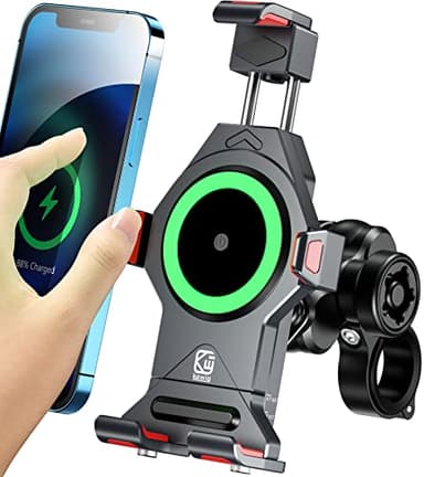 BRCOVAN Aluminum Alloy Motorcycle Phone Mount with Qi 15W Wireless Charger & Vibration Dampener, Anti-Theft Waterproof Motorcycle Handlebar Cellphone Holder, Adjustable Fit 4.7''-7.2'' Smartphones