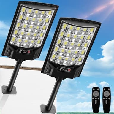 Solar Street Lights Outdoor, 6500K Outside Waterproof LED Street Light Dusk to Dawn, Wide Angle Lamp with Motion Sensor and Remote Control, Solar Lights Outdoor for Parking Lot Yard, 2 Pack