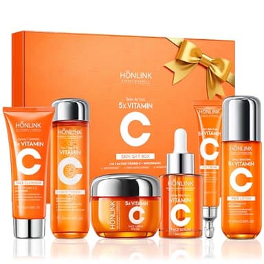 6-Piece Hydrating Skincare Set with Vitamin C & Niacinamide, Face Care Kit Includes Toner, Serum, Cleanser, Moisturizer, Eye Cream & Body Lotion | Valentine’s Day Gift for Women