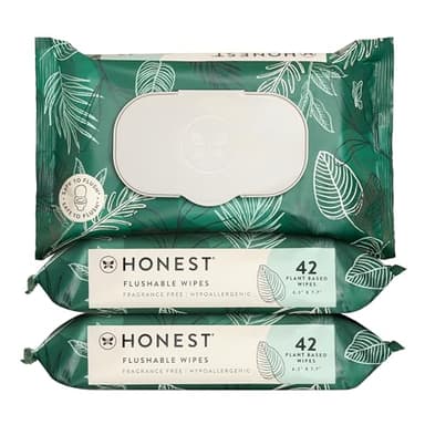 The Honest Company Flushable Wipes for Sensitive Skin, Fragrance-Free Hypoallergenic pH-Balanced Feminine Wipes, 99% Water Safe-to-Flush Wipes, Tropical Leaves, 126 Count