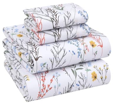 RUVANTI 100% Cotton Sheets – Queen Size Percale Bedding, Cooling & Breathable Floral Design, Durable with a Crisp, Soft & Comfortable Feel, 16" Deep Pocket, 4-Piece Set, Aroma