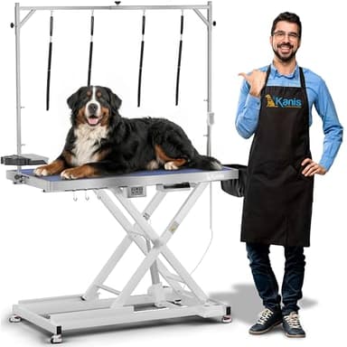 KANIS Professional Electric Dog Grooming Table - Heavy Duty, Height Adjustable Pet Grooming Table w/Leveling Wheels, Grooming Arm, Anti Slip Tabletop & Tool Organizer/Dog Grooming Station (49", WHITE)