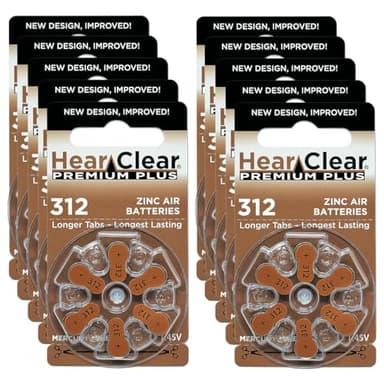 Hear Clear Size 312 PR41 1.45V Zinc Air Hearing Aid Batteries Brown Tab (60 Pack) [Child-Resistant Packaging]