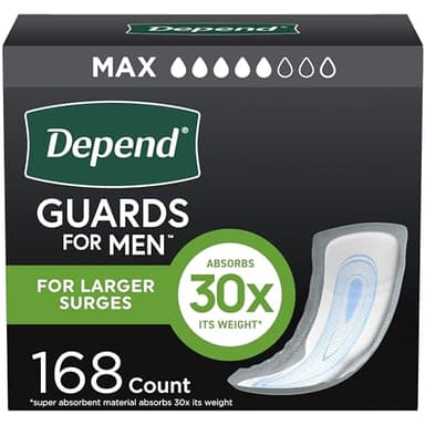 Depend Guards Incontinence Pads for Men, Maximum Absorbency, 168 Count (2 Packs of 84), Packaging May Vary