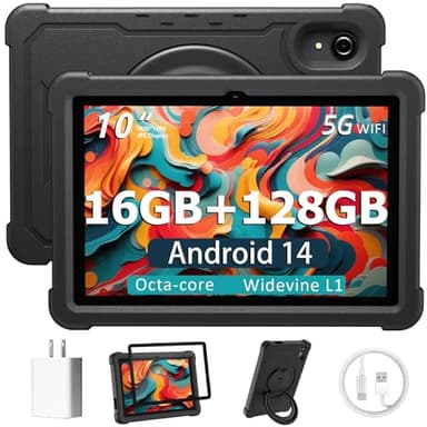 Tablet 10 Inch Android 14 Tablet, 16GB RAM 128GB ROM, 1TB Expansion, Octa-core, Large Capacity Battery, 5MP + 8MP Dual Camera, 5G/2.4G WiFi, Bluetooth 5.0, GPS, Drop-Proof Case - Black (Black)