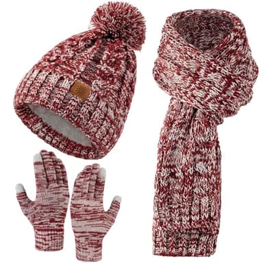 Womens Winter Beanie Hat Scarf Gloves Set, Pom Beanie Warm Knit Scarf Touchscreen Gloves for Cold Weather