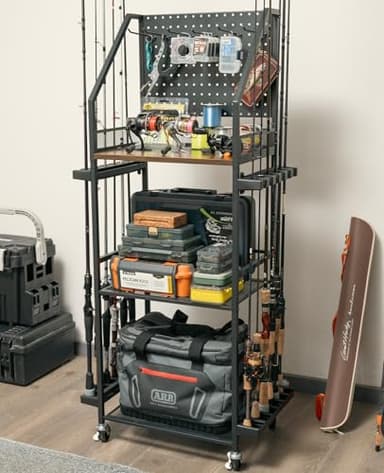 SOYEEZE Fishing Rod Holders for Garage, Fishing Pole Holders Up to 12 Rods with Pegboard and Hooks,Rolling Fishing Cart with Wheels, Fishing Gear Storage For Tackle Box & Reel Organization