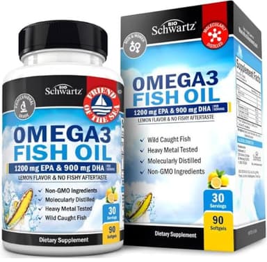 Triple Strength Omega 3 Fish Oil 3000mg - High Potency Omega 3 Supplement for Women and Men, Burpless Lemon Flavor Fish Oil - 2250mg Essential Fatty Acids with DHA & EPA, Wild Caught, 90 Softgels