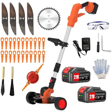 Electric Weed Wacker Cordless Eater Battery Powered 21V Lightweight No-String Weed Trimmer 3 in 1 Stringless Grass Trimmer/Edger/Brush Cutter with 3 Types Blade & Wheels for Yard and Garden-Orange