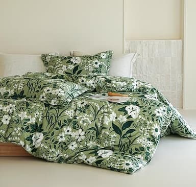 Solycoil Green Floral Comforter Queen Size - 100% Organic Cotton Comforter Set 3pcs, Botanical Print Soft Bedding Set