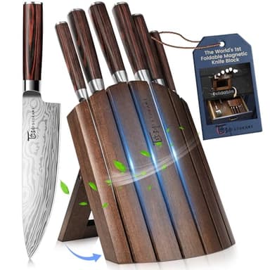 SYOKAMI Knife Set 7 Piece Japanese Style Kitchen Knife Set With Foldable Magnetic Acacia Wood Block Sharp High Carbon Stainless Steel Knives Set for Kitchen with Anti-slip Handle, Ideal Gift