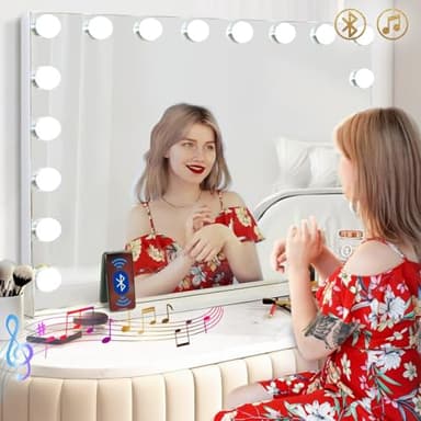Hansong Vanity Mirror with Lights and Bluetooth Speaker 32"x 22.8" Hollywood Makeup Mirror with 18 LED Bulbs, Large Lighted Mirror with 3 Color Modes, USB Charging, 10x Magnification, Tempered Glass