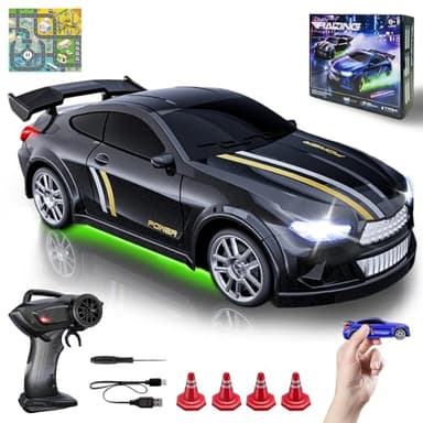 Mini RC Drift Car 1:64 Scale, Remote Control Car with LED Lights & 2-Speed Modes, 2.4GHz Stunt Drifting RC Toys with 4 Obstacles & Track Mat, Hobby Gift for Kids & Adults, Black