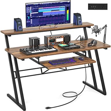 Armocity Music Studio Desk Production Workstation - 47" Recording Studio Desks for Producer with Power Outlet, Studio Workstation for Music Recording, Home Studio Table Desk, Rustic Brown