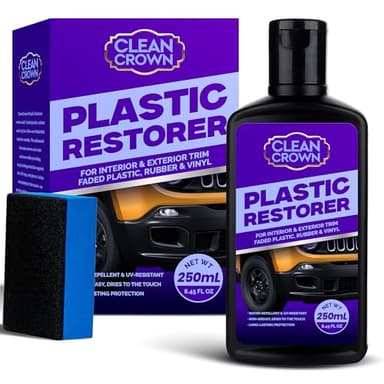 CleanCrown Plastic Restorer for Cars (8.45 fl oz), User Friendly Car Trim Restorer, Quick Plastic Trim Restorer with Free Sponge Applicator, Restores Faded Car Plastics, Bumpers & Against UV Rays