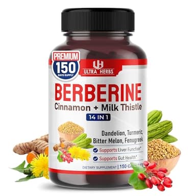Ultra Herbs Premium Berberine with Cinnamon, Milk Thistle - Promotes Liver Function, Gut Health, Immunity (150 Count (Pack of 1))