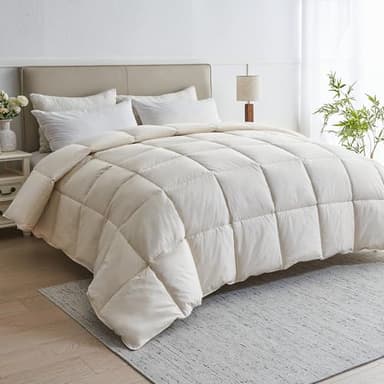 puredown® Organic Cotton Feather Fiber Comforter, Bedding Duvet Insert Full/Queen Size, All Season 100% Pure Natural Cotton Cover Breathable Fluffy Feather Comforter with Corner Ties (Beige, 88"x90")