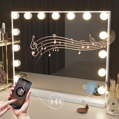 Hansong Vanity Mirror with Lights and Bluetooth Speaker 22.8''x18.4'' Lighted Makeup Mirror with 15 LED Bulbs Hollywood Vanity Mirror with 3 Lighting Modes USB Charging and 10x Magnification