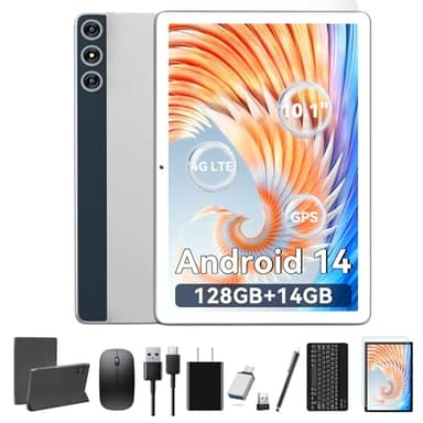 Tablet 10.1 Inch Android 14, Octa-Core 5G WiFi, 128GB ROM 14GB RAM, Dual Sim Card Slot, Camera, 2025 Latest Tab with Keyboard Bundle 1TB Expand Android Tablet 13MP+8MP, Unlocked for T-Mobile (Silver)