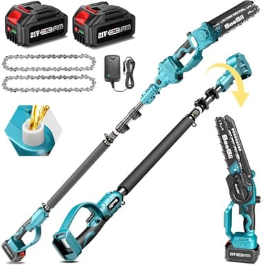 Seesii 2 in 1 Cordless 8 inch Pole Saw & Mini Chainsaw with 2 Battery, Power Electric Polesaw for Tree Trimming, Chain Saw with Extension Pole, Limb Branch Cutter Pruner PS800