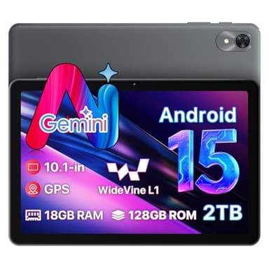 Tablet The World's First Android 15 with Gemini AI,10.1 Inch 18GB RAM 128GB ROM 2TB TF, Speed Up to 2.0 GHZ,Widevine L1,5000mAh,FM Radio,WiFi6, GPS,Bluetooth,Travel Gift,Kids Space,YT Kids