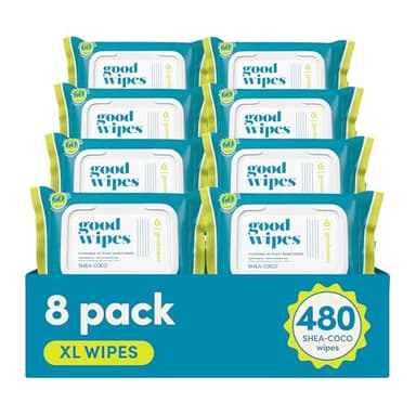 Goodwipes Flushable Butt Wipes Made with Vitamin E & Aloe - Soft & Gentle Wet Wipe Dispenser for Home Use, Septic & Sewer Safe - Largest Adult Toilet Towelettes - Shea Coco, 60 Count (Pack of 8)