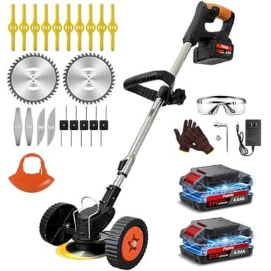 Cordless Electric Weed Wacker with Wheels, 3-in-1 Lightweight Weed Eater/Brush Cutter/Grass Trimmer Battery Powered, Includes 21V 2×4.0Ah Batteries, 5 Types Blade & Charger, for Lawn Yard Garden
