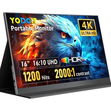 Yodoit 4K Portable Monitor for Laptop 1200nit, 16" UHD 3840x2400 Travel Gaming Monitor Screen IPS Display with USB Type C Port and Dual Speakers Compatible with PC, Xbox, PS4/5 Black