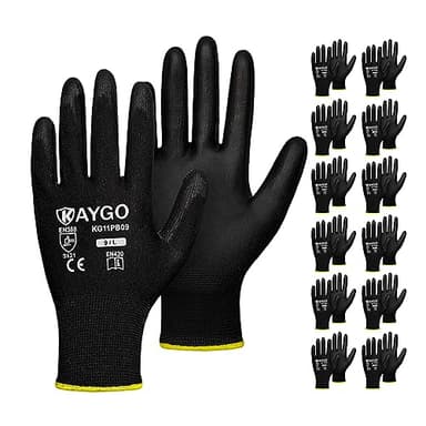 KAYGO Safety Work Gloves PU Coated,12 Pairs KG11PB Seamless Knit Glove for Men and Women, with Smooth Grip on Palm and Fingers, Ideal for General Duty Work (Large, Black)