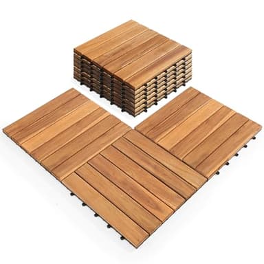 Pack of 10 Deck Tiles - 12"x12" Interlocking Natural Solid Acacia Wood for Outdoor & Indoor, Patio Garden, Balcony, Poolside - Teak Color