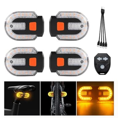 UPXSXT 4Pcs Turn Signals for Bicycles with Alarm, USB Charging Remote Control Split/Integrated Bike Tail Light 5 Modes Waterproof Strobe Bike Rear Lights Can be Mounted on Front and Rear of Bicycle
