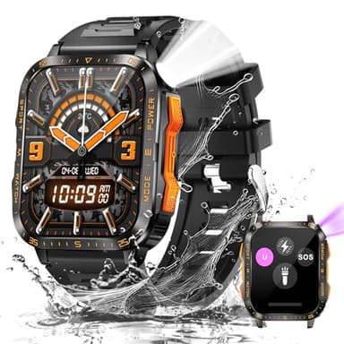 Military Smart Watch for Men with LED Flashlight/UV Light 3ATM Waterproof 1.96" Big Screen Rugged Tactical Smartwatch with Text and Call Fitness Tracker with HR/Sleep Monitor for iPhone Android